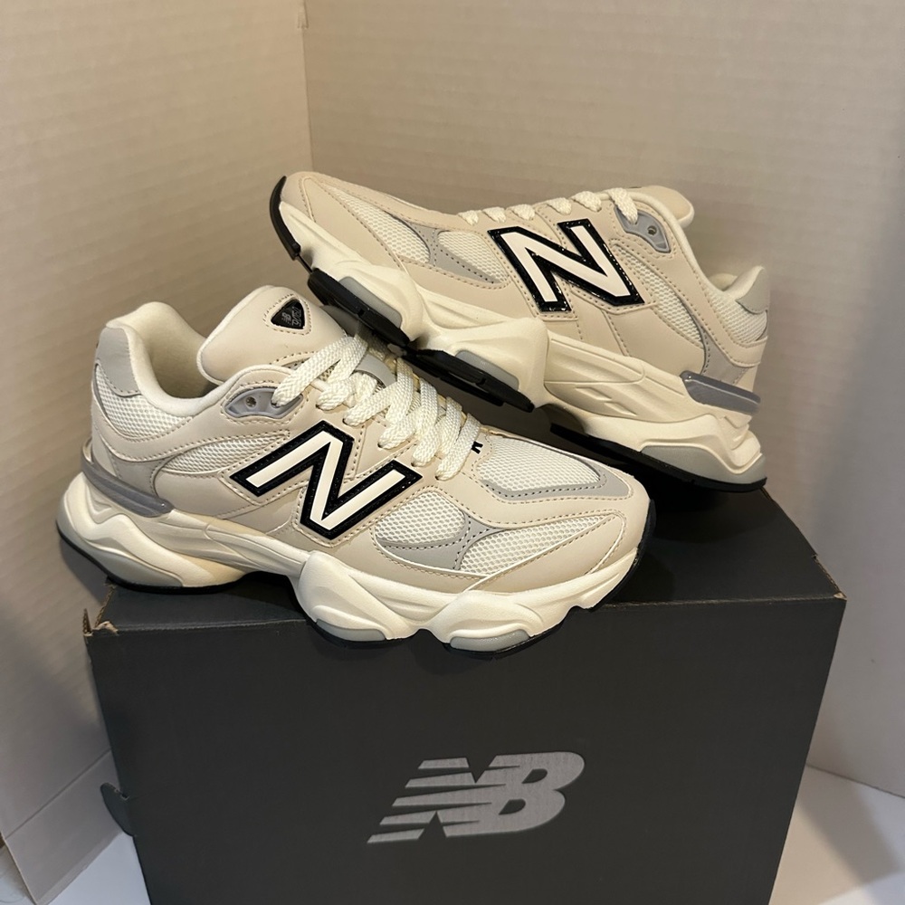 New Balance 9060 Cream White Sneakers with Black Logo